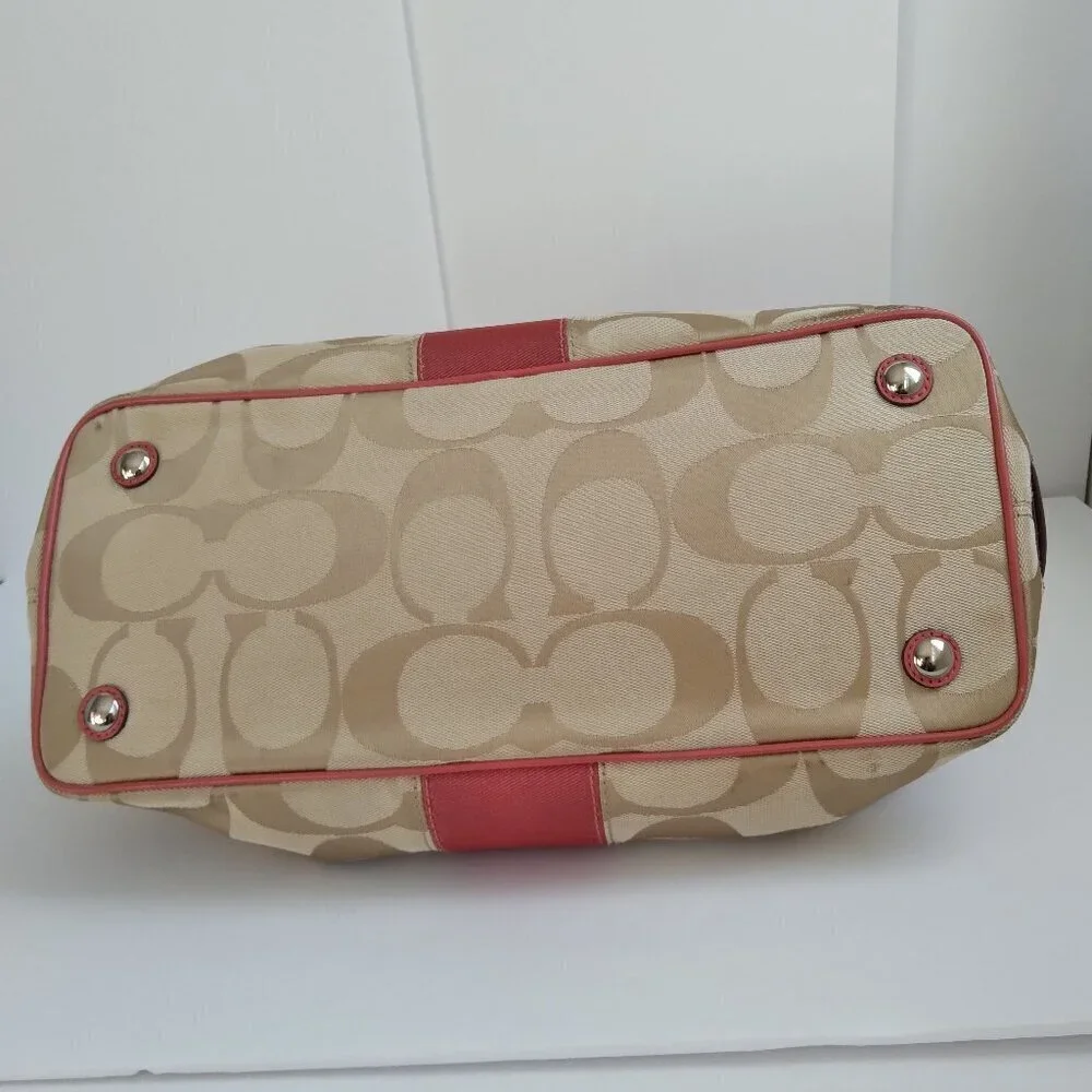Coach Signature Stripe Kiss Lock Coral & Beige Frame Carryall Bag